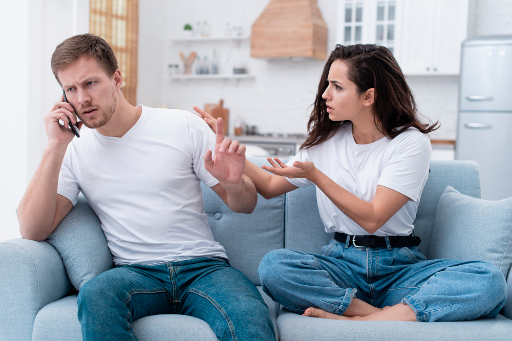 Couple arguing as one partner becomes defensive and avoids communication during conflict.