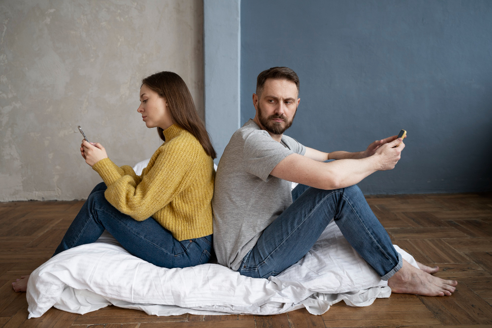 Couple sitting back-to-back using phones showing emotional distance and relationship resentment