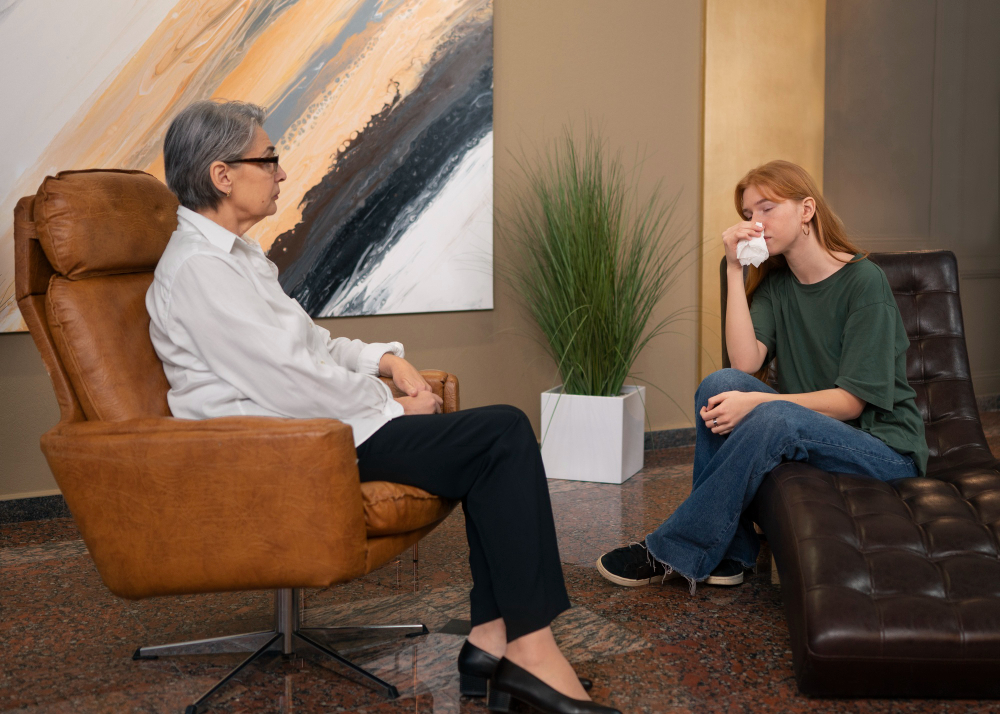 Emotional client speaking with a therapist during a counseling session about conflict, accountability, and feeling misunderstood in couples therapy.