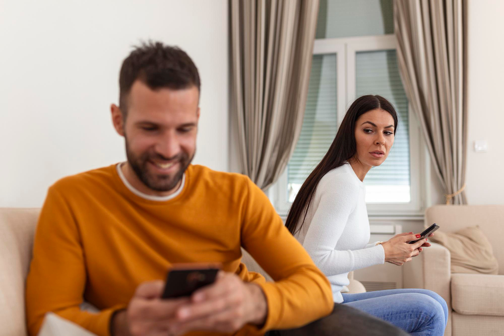 Partner secretly using a smartphone late at night while sitting apart from their spouse, representing signs of cyber infidelity, hidden online communication, emotional distance, and relationship trust concerns.