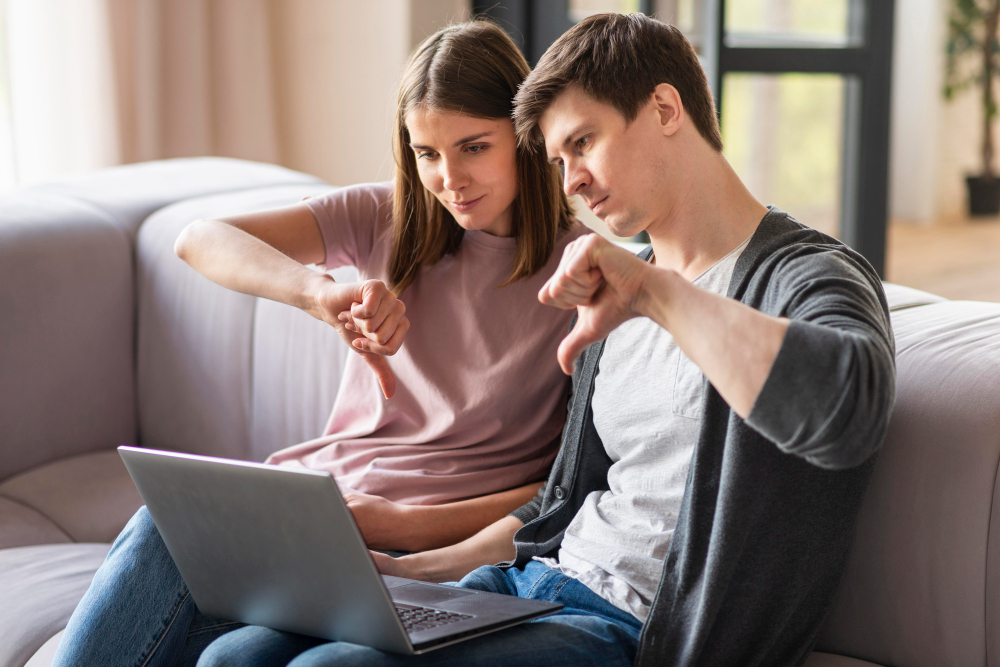 Man and woman reviewing online activity together, illustrating practical steps for recovering from cyber infidelity, restoring trust, and strengthening relationship boundaries.