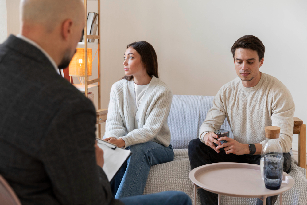 Couple sitting with a therapist during a marriage counseling session, discussing emotional disconnection and relationship challenges caused by emotional neglect