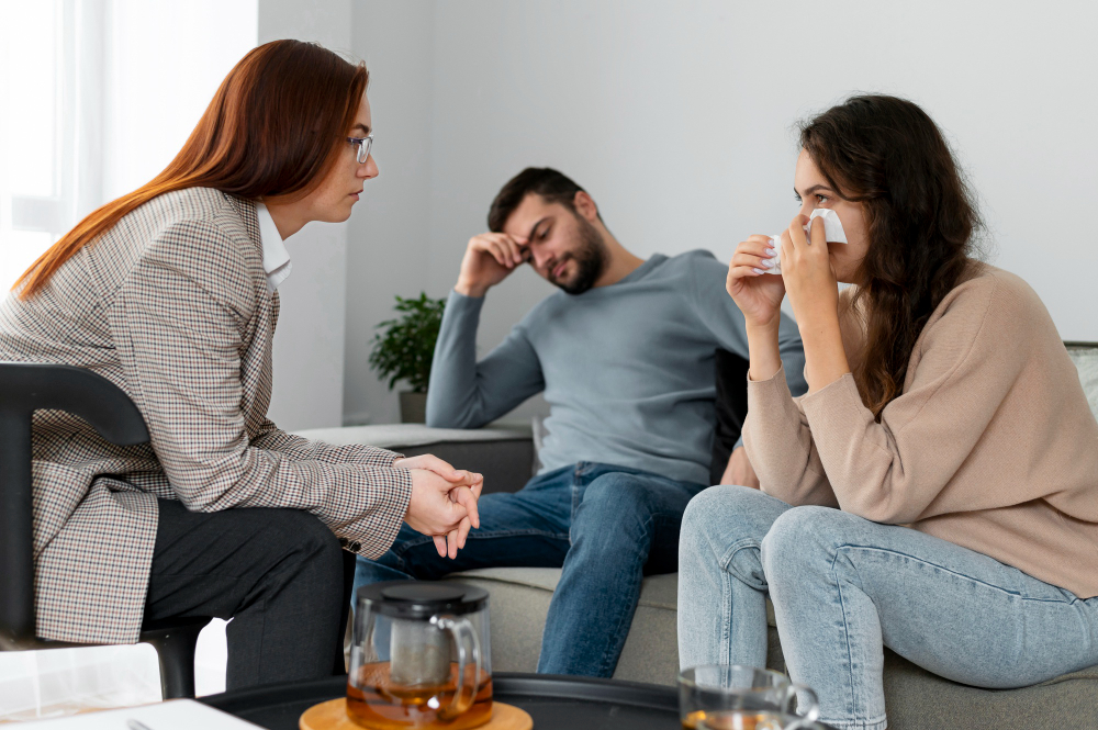 Couple participating in relationship counseling with a therapist, discussing ongoing conflict and emotional challenges while seeking professional support to improve communication, trust, and relationship repair.